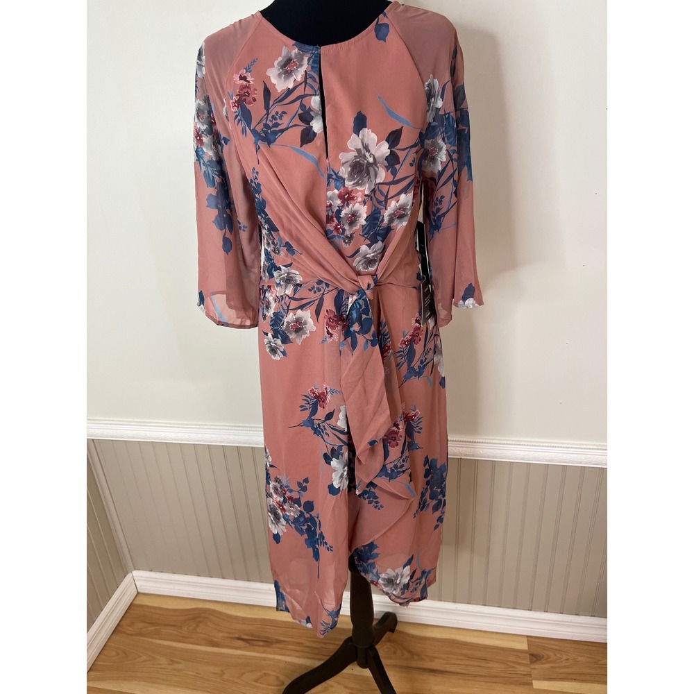 Lulus Dusty Rose Floral Faux Wrap Midi Dress Tie Front Keyhole Small NEW - Picture 6 of 12
